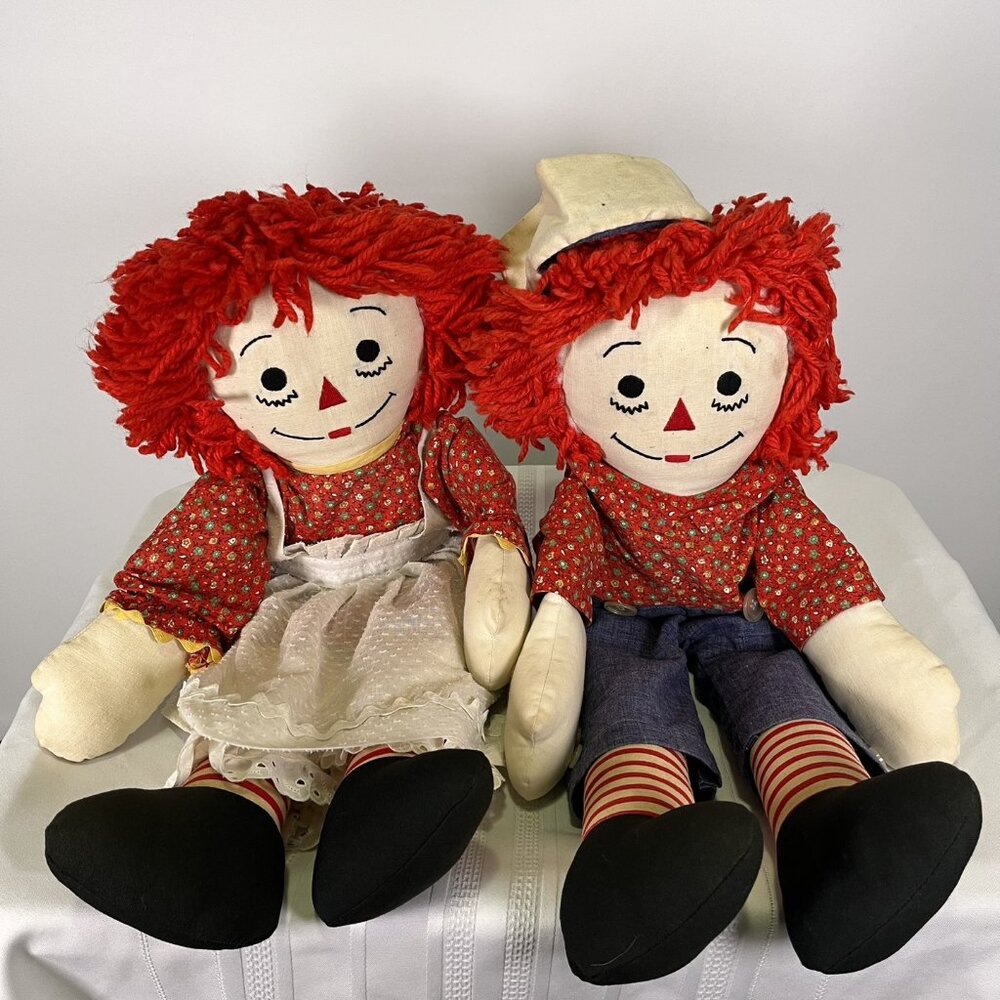 Vintage 60s 70s Raggedy Ann & Andy Plush Dolls Knickerbocker 26" Embroidered